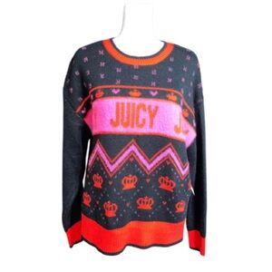 Juicy Couture NWT Black Pink Red Y2K Long Sleeve 90s Crewneck Sweater Size Large